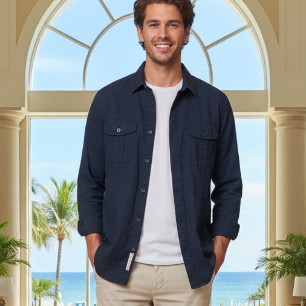 Michael Kors Mens Navy Blue Linen Blend Two Pocket Button Down Shirt XL